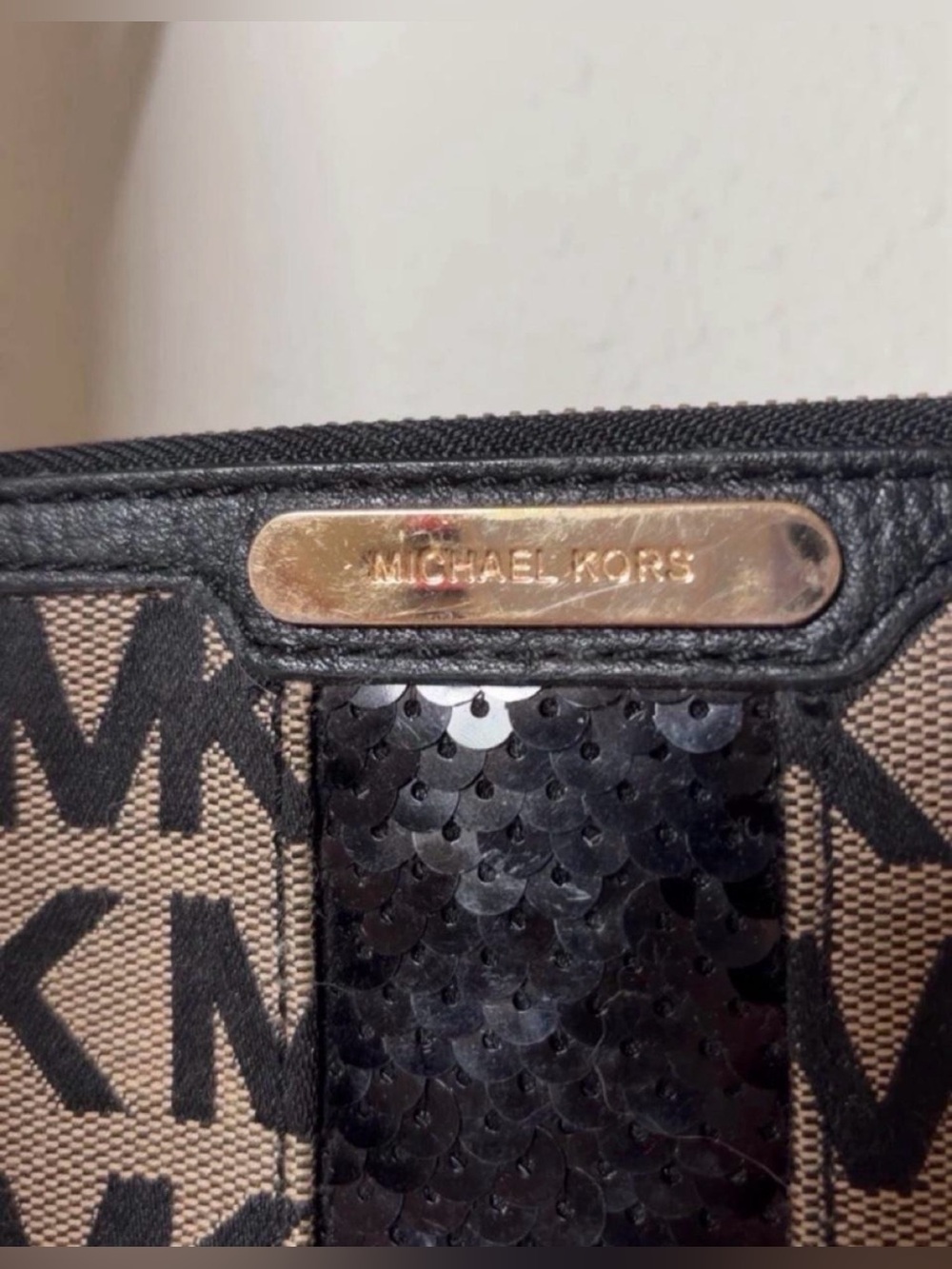 Michael Kors Tan and Black MK Logo 7” Wristlet with Black Sequin Stripe - Picture 2 of 6